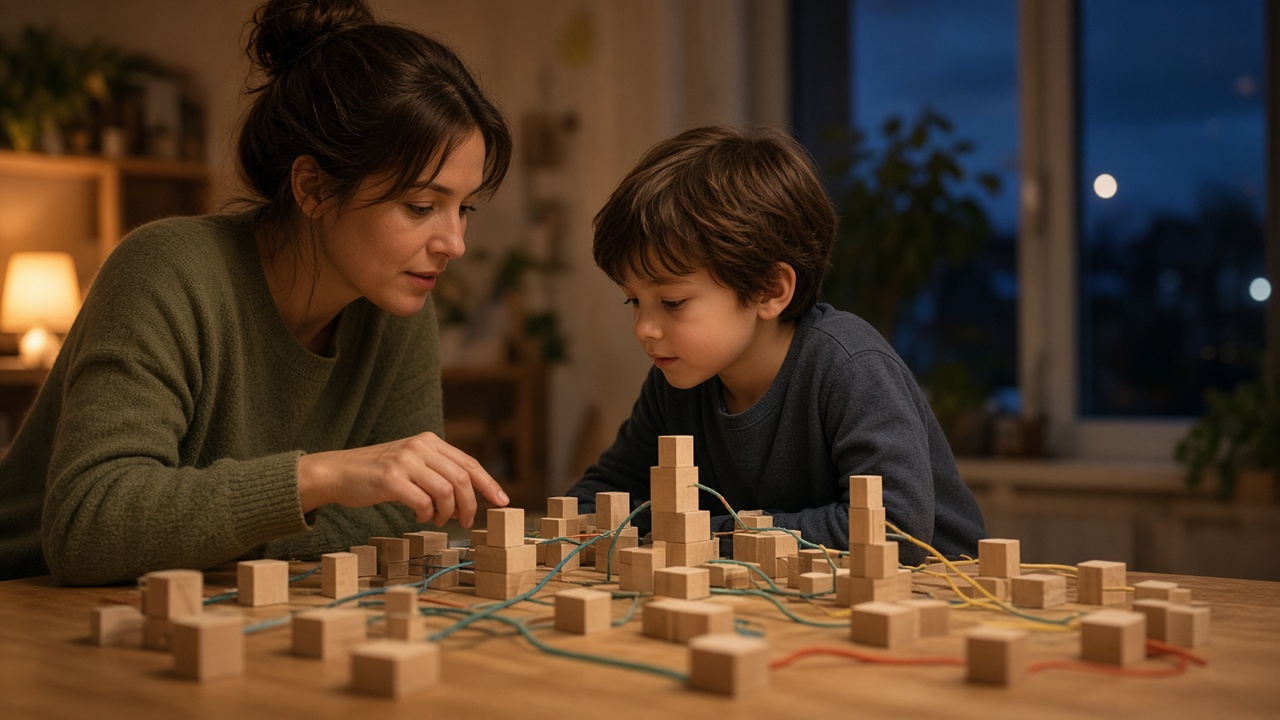 Um pai ou uma mãe e um filho olham juntos para um computador desligado na mesa da cozinha