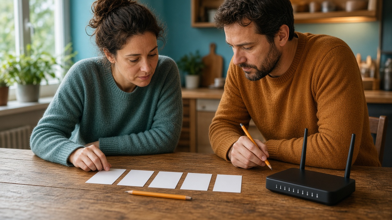 Dois adultos reveem uma lista curta ao lado de um computador fechado e do router de casa