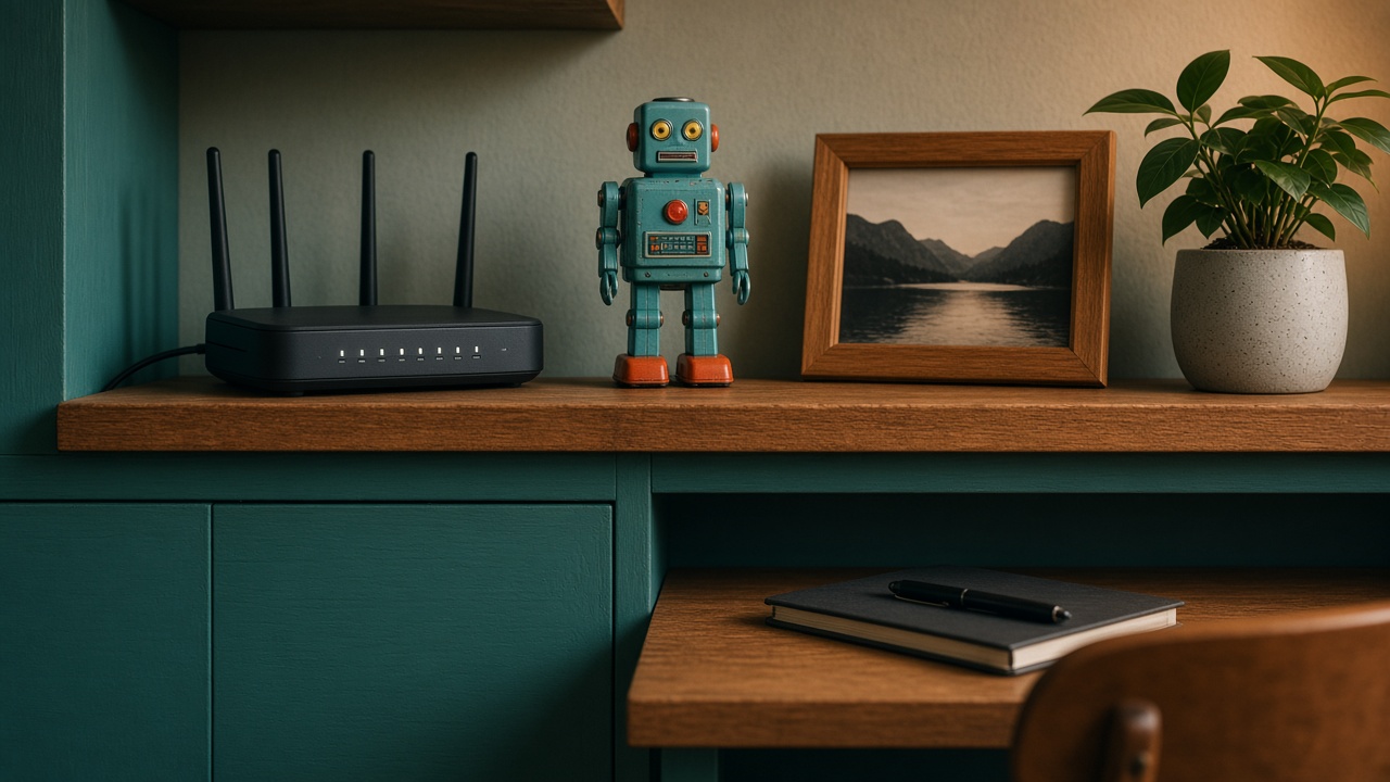 Um router e um computador de secretária desligado numa divisão familiar, com os livros da escola numa prateleira à parte