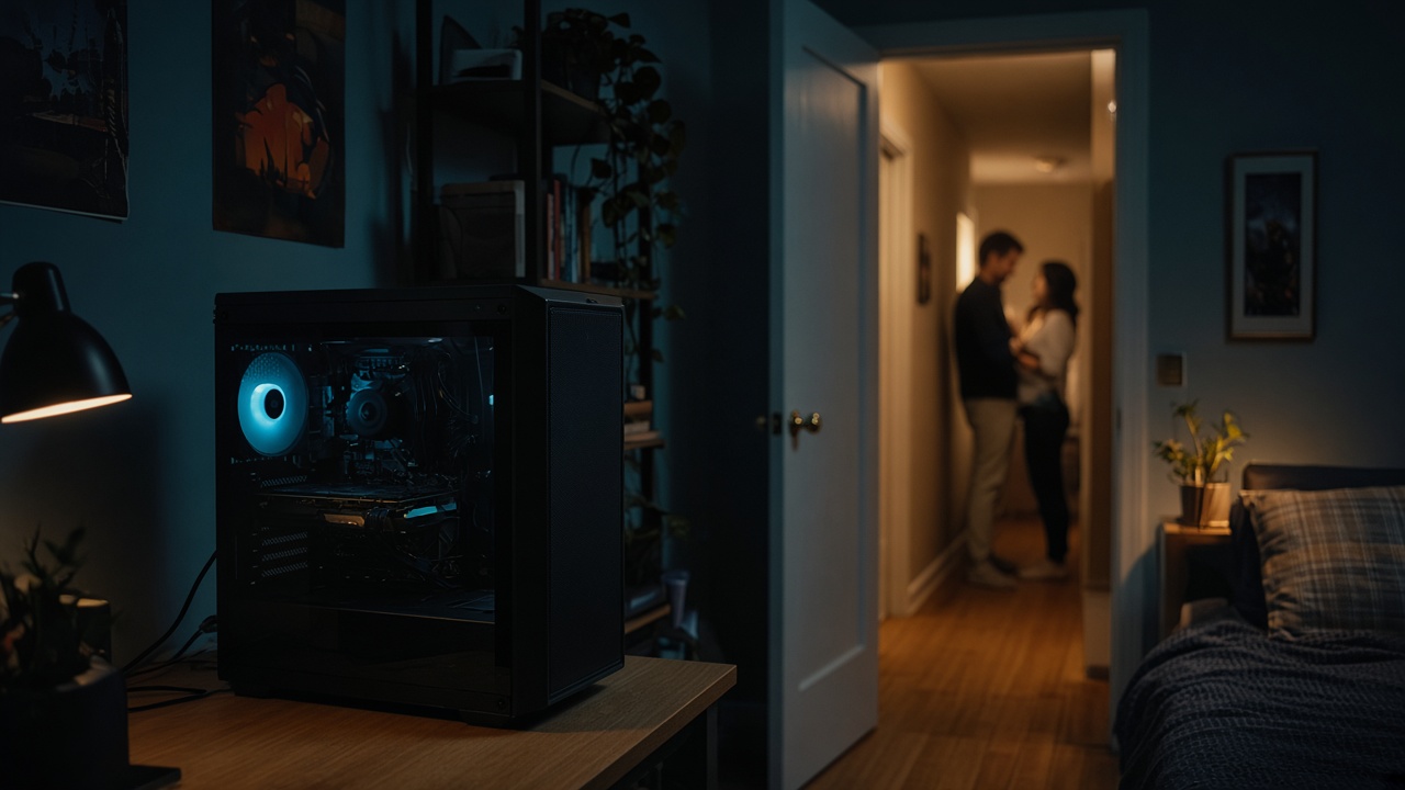 Um computador gamer desligado numa secretária familiar, ao lado de um caderno e de auscultadores