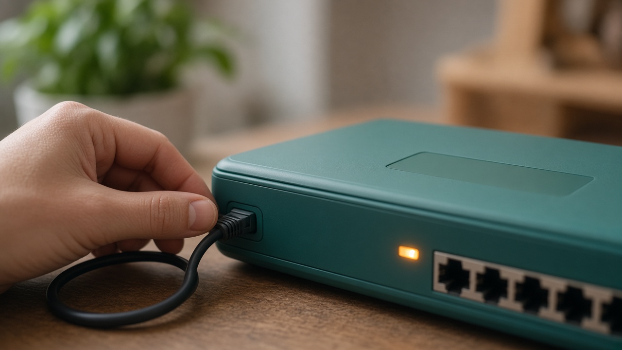 Um router doméstico com uma etiqueta escrita à mão, afastado dos dispositivos das crianças